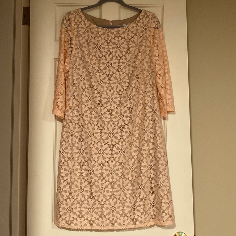 Light pink lace overlay, 3/4 sleeve, round neck, knee length